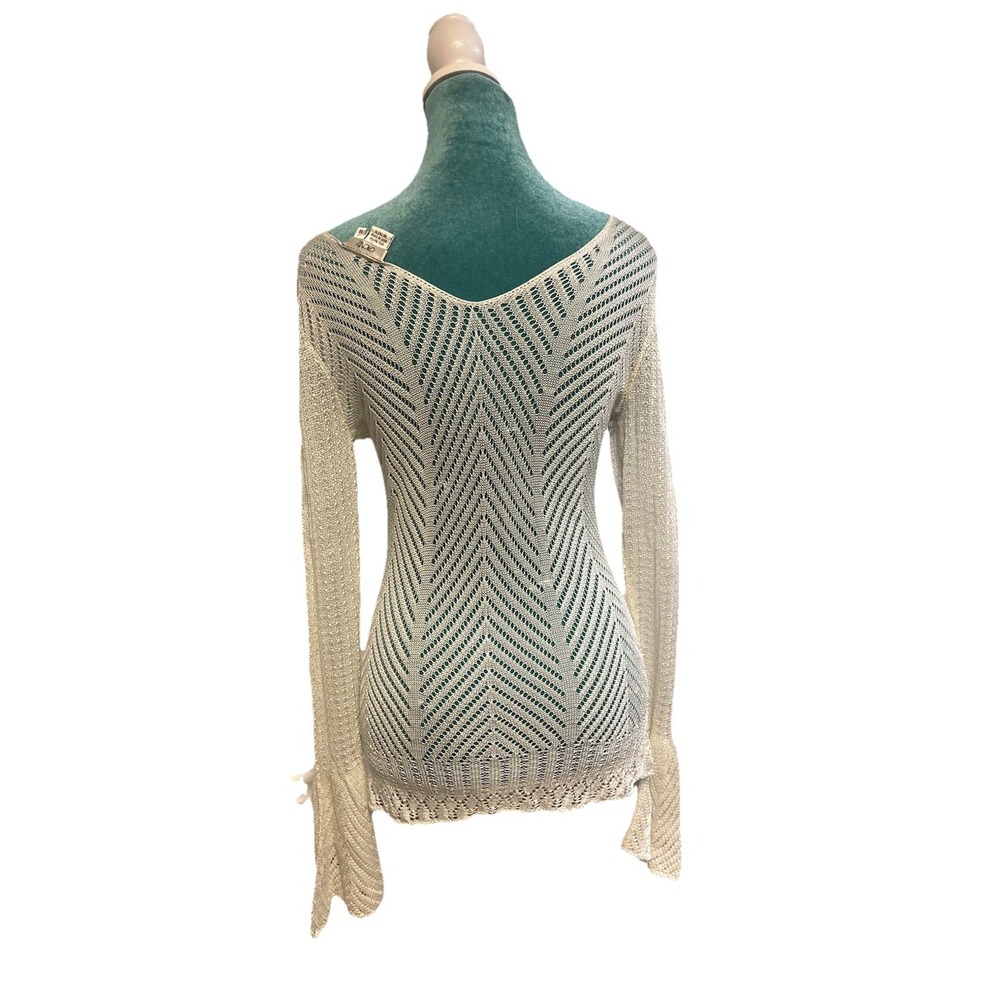 Vintage Cache White Open Knit Chevron Tunic Sweater Bell Sleeve Boho Size‎ M - Picture 3 of 5